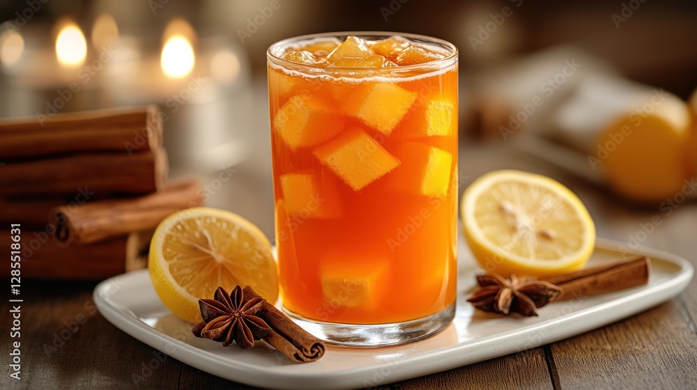 Cozy Spiced Iced Tea with Lemon & Cinnamon on Wooden Table Cozy Spiced Iced Tea with Lemon & Cinnamon on Wooden Table