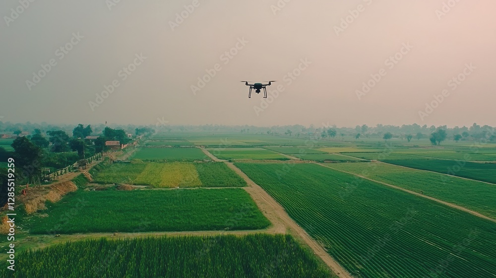 Fototapeta premium Aerial View of Drone Flying Over Lush Green Fields at Sunrise
