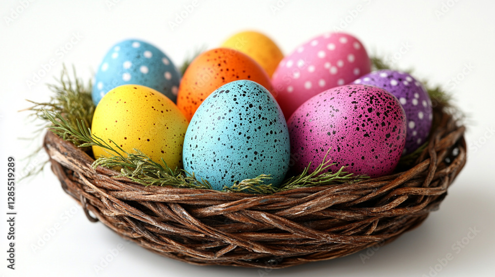 Naklejka premium Easter eggs in a nest on a white background.