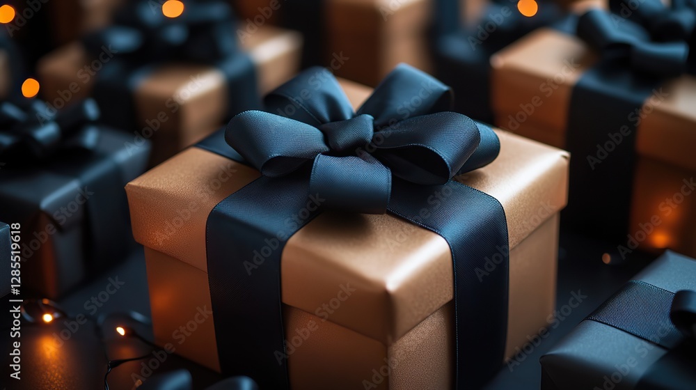 Fototapeta premium Black gift boxes with tags and black ribbon bows arranged on a black background.
