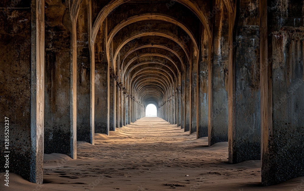 Stunning perspective of a sandy beach under a pier during golden hour with arches creating a captivating tunnel effect Stunning perspective of a sandy beach under a pier during golden hour with arches creating a captivating tunnel effect