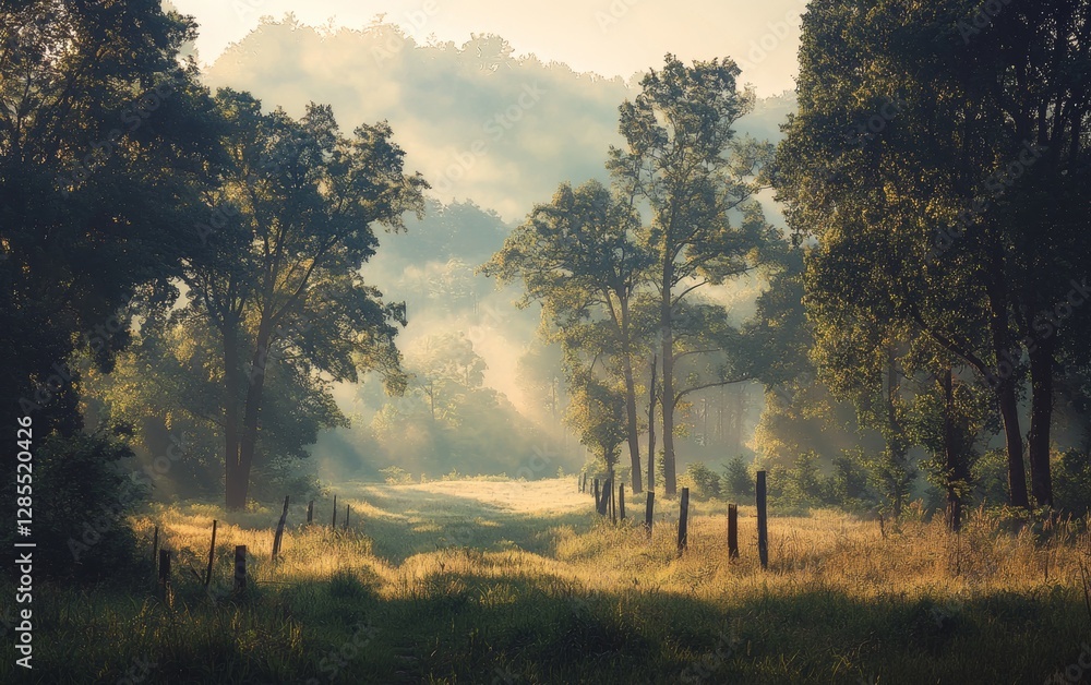 Fototapeta premium Misty morning in a tranquil forest with lush greenery and soft sunlight highlighting the pathway