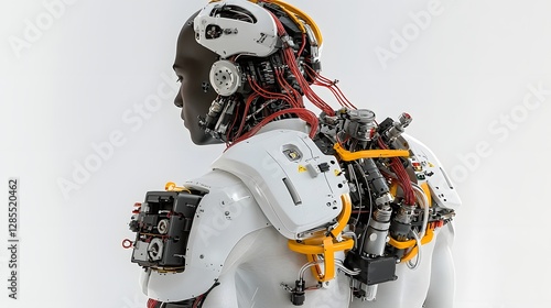 Exposed section of a cyborg s shoulder revealing the intricate inner workings of servo motors flexible tubing and other mechanical components that connect to the arm  This futuristic photo