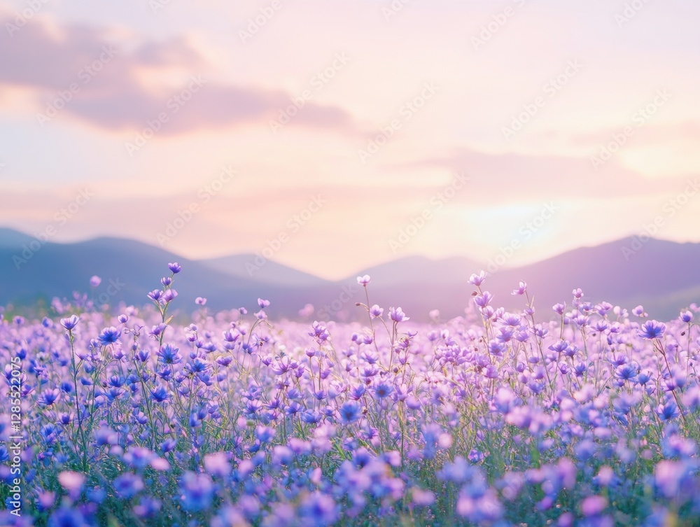 Naklejka premium Vibrant purple flowers in sunset landscape.