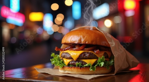 Araffe burger with cheese and bacon on a bun with lettuce and tomato