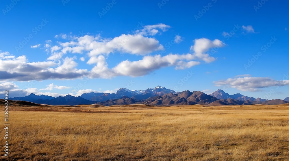 Majestic Mountain Range Under Clear Blue Sky with Soft White Clouds and Golden Grass : Generative AI Majestic Mountain Range Under Clear Blue Sky with Soft White Clouds and Golden Grass : Generative AI
