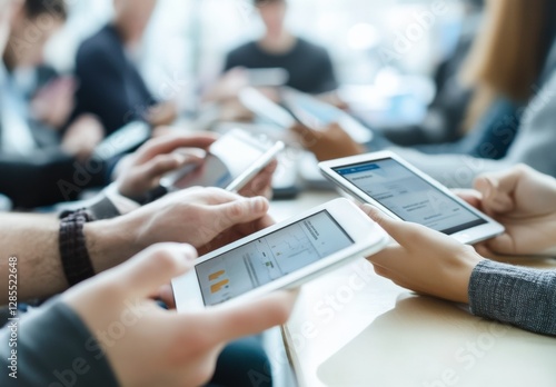 A group of people are sitting around a table with their cell phones and tablets. One person is holding a cell phone in their right hand and a tablet in their left hand