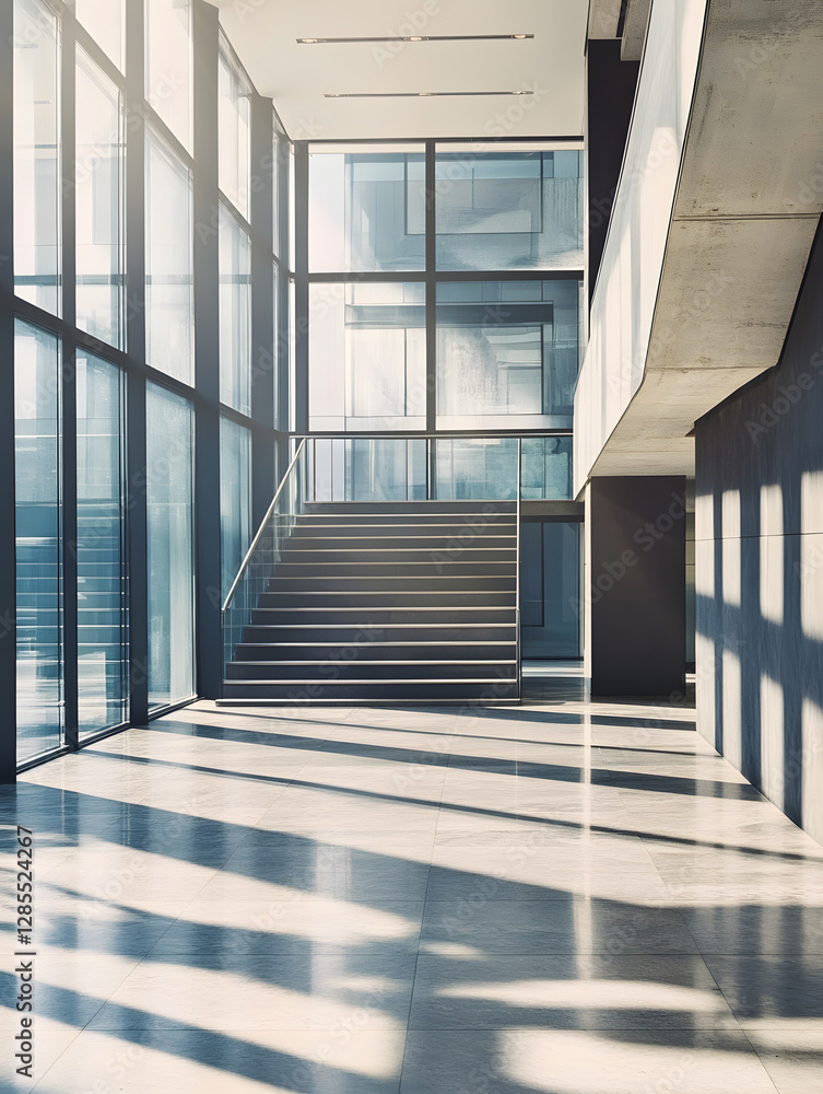 Obraz premium Sunlit Modern Minimalist Interior with Staircase in Bright Glass Building : Generative AI
