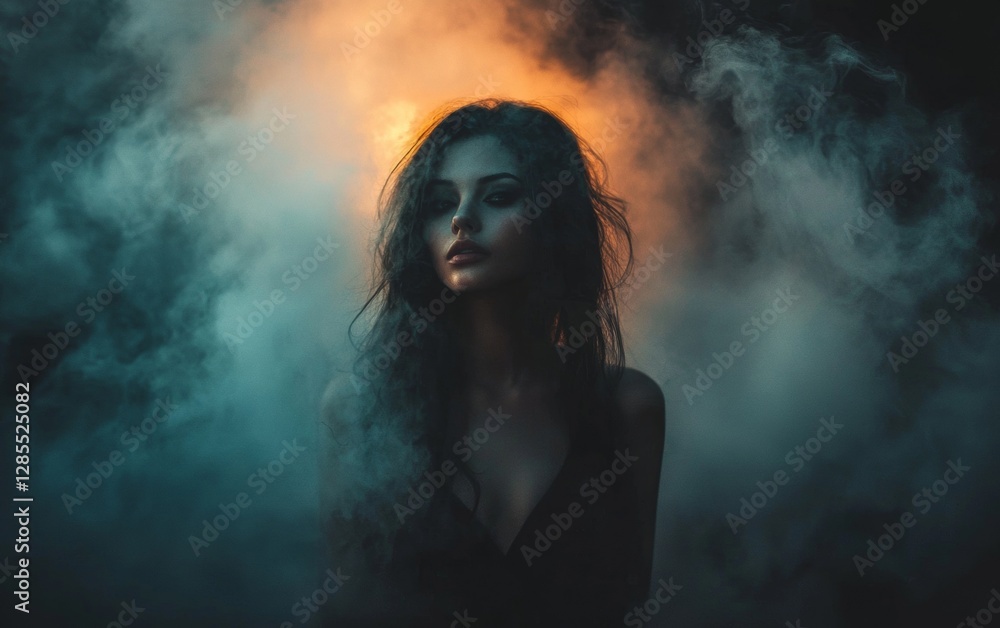 Mysterious figure surrounded by ethereal smoke with a glowing backdrop at night Mysterious figure surrounded by ethereal smoke with a glowing backdrop at night