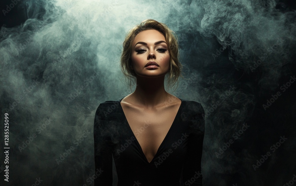 Mysterious woman in black dress surrounded by ethereal smoke in a dark setting Mysterious woman in black dress surrounded by ethereal smoke in a dark setting