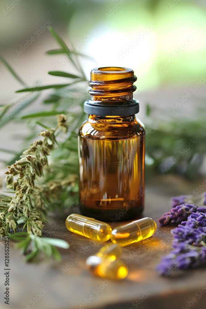 Herbal Essential Oil with Capsules Surrounded by Natural Lavender and Greenery for Wellness : Generative AI Herbal Essential Oil with Capsules Surrounded by Natural Lavender and Greenery for Wellness : Generative AI