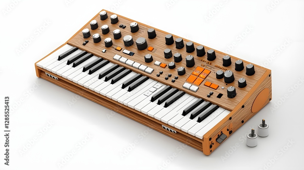 photograph of a professional synthesizer keyboard with various modern controls and knobs displayed on a clean white surface The electronic music equipment is showcased in a minimalist photograph of a professional synthesizer keyboard with various modern controls and knobs displayed on a clean white surface The electronic music equipment is showcased in a minimalist