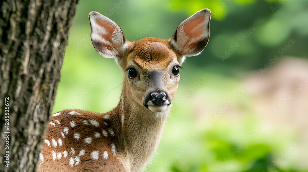 Fototapeta premium Adorable Spotted Fawn Looking Curiously in Lush Forest Environment : Generative AI
