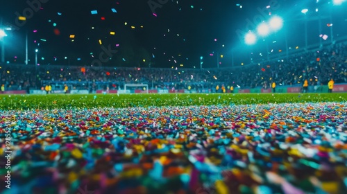 A soccer field with confetti on the ground