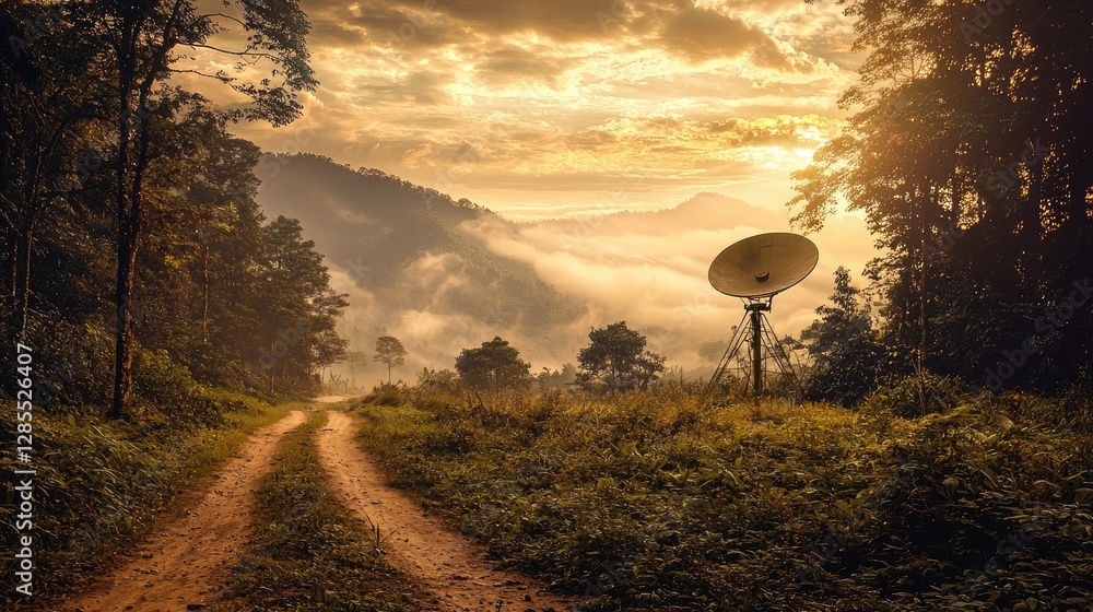 Fototapeta premium Serene Landscape with Dish Antenna Amidst Hills and Misty Morning