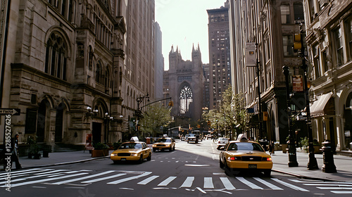 A busy city street with taxis and pedestrians. generated using AI