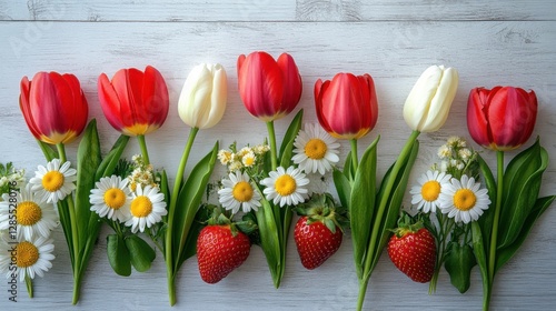 Red and White Tulips with Daisies and Strawberries