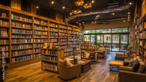 Modern Bookstore Interior with Cozy Seating Area photo