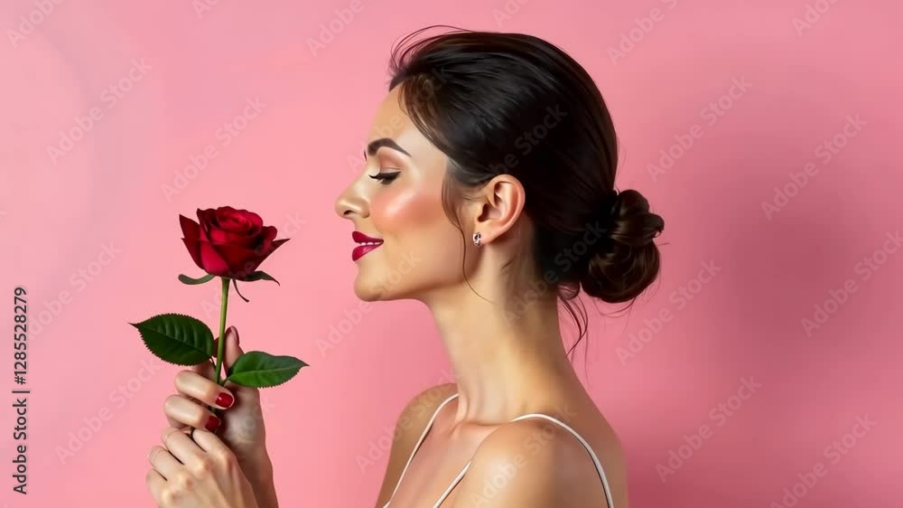 Elegant woman appreciating rose with graceful expressions against pink background Elegant woman appreciating rose with graceful expressions against pink background