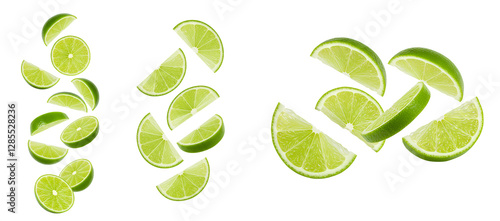 lime fruit set png. lime isolated. Fresh lime slices falling down PNG, vibrant green citrus pieces in mid-air, perfect for organic food, tropical drinks, and healthy lifestyle visuals © Divid