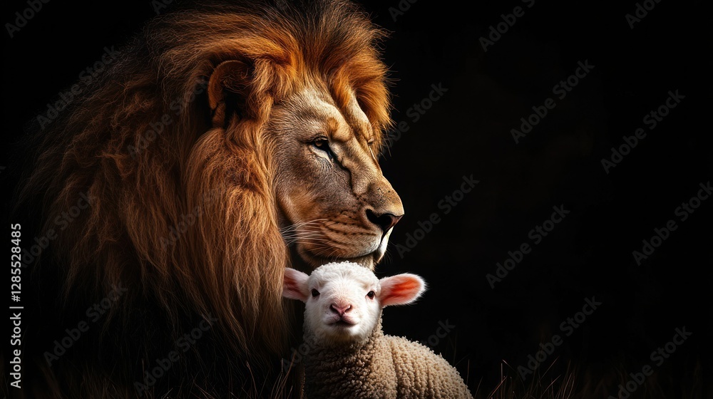 Naklejka premium Majestic lion and gentle lamb juxtaposed in a symbolic portrait of power and innocence sharing space