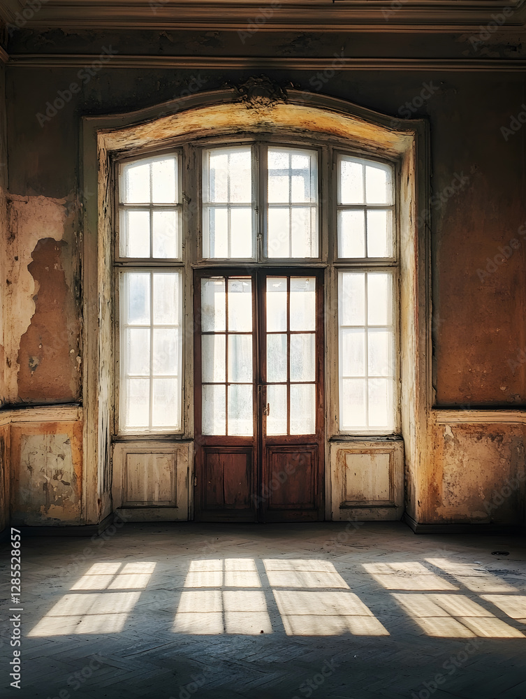 Abandoned Grand Mansion Room with Large Windows and Worn Textured Walls : Generative AI Abandoned Grand Mansion Room with Large Windows and Worn Textured Walls : Generative AI