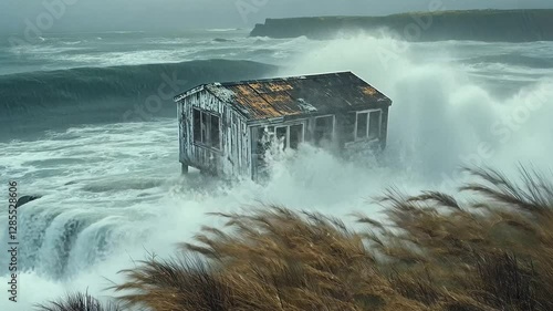 The House Against The Storm: An old weathered house, battered by relentless waves, stands defiantly on the edge of a rocky cliff, showcasing the raw power of nature's tempest.