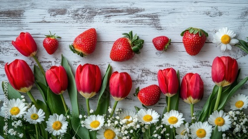 Red Tulips and Strawberries with Daisies on White Wooden Background