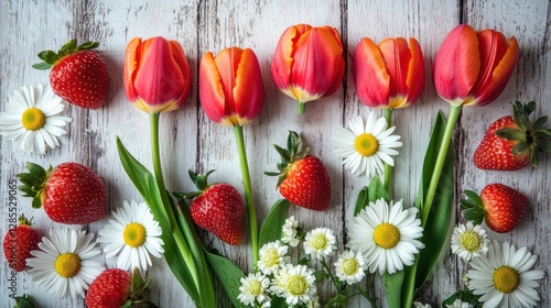 Red Tulips and Strawberries with Daisies on Rustic White Wood