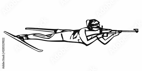 isolated illustration of a stylization biathlon shooter, black and white drawing, white background