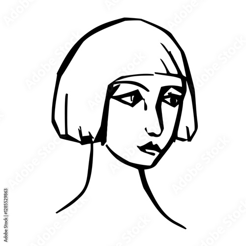 isolated illustration careless ink stylization woman head. black and white vector drawing . white background