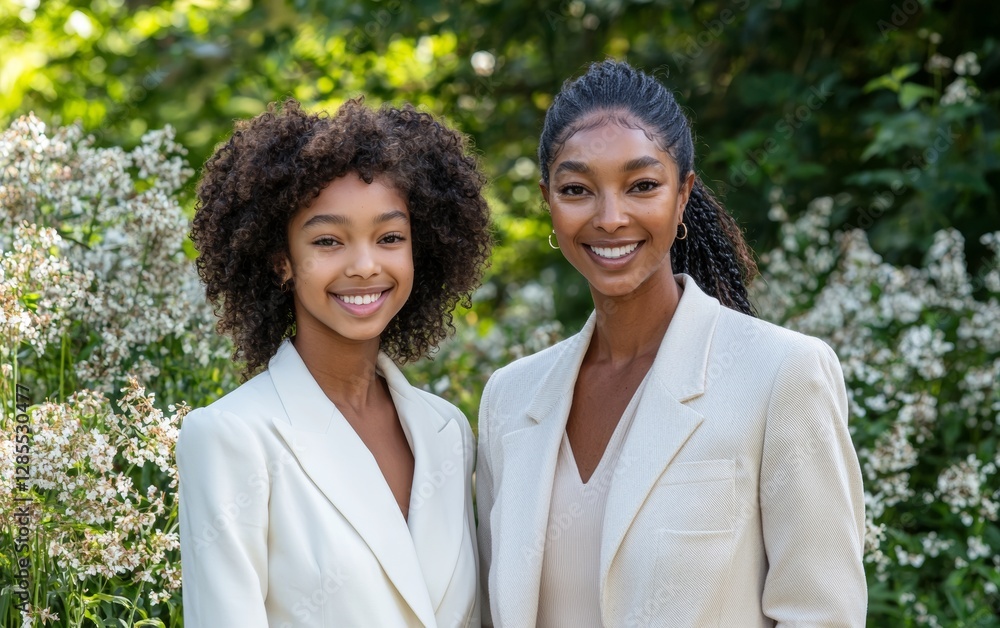 Two women smiling confidently in a sunlit garden surrounded by blooming flowers on a warm summer day Two women smiling confidently in a sunlit garden surrounded by blooming flowers on a warm summer day