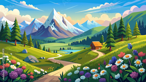 Idyllic mountain scenery in the Alps with blooming meadows in springtime