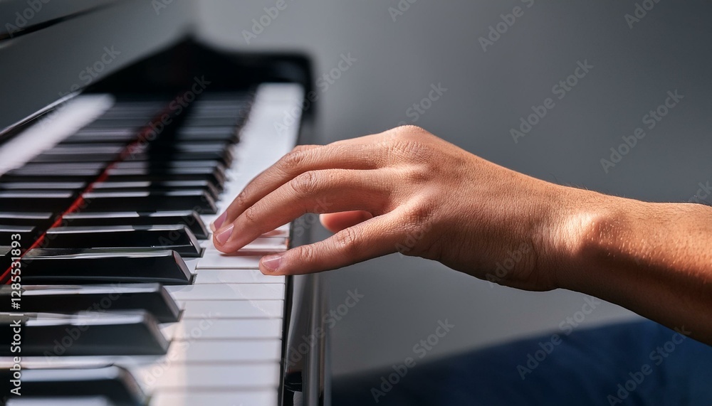 Fototapeta premium グレーの無機質な背景で、ピアノの鍵盤を滑らかに弾く手元から感じる音楽の流れ 