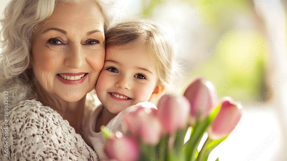 Heartwarming Bond Between Elderly Woman and Child Surrounded by Tulips Outdoors : Generative AI Heartwarming Bond Between Elderly Woman and Child Surrounded by Tulips Outdoors : Generative AI