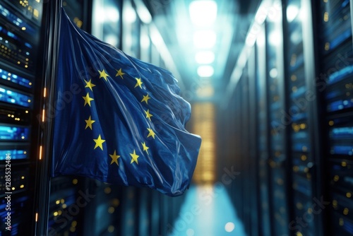 Highlighting the presence of the European Union flag over a globe in a modern server room, flag of eu and globe over server room