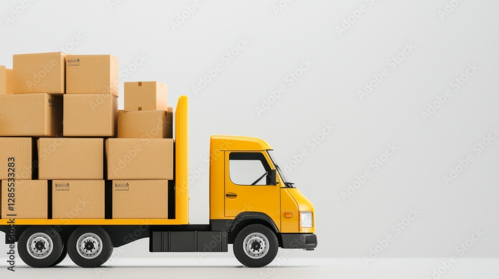 A yellow delivery truck is filled with stacked cardboard boxes, positioned against a plain background. A yellow delivery truck is filled with stacked cardboard boxes, positioned against a plain background.