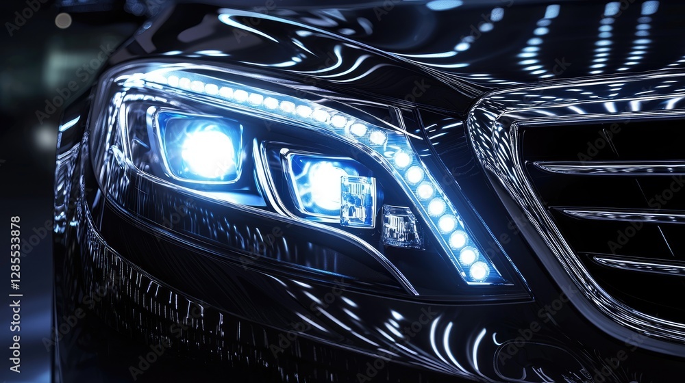 Close-Up View of Modern Car Headlight with Bright LED Lights Close-Up View of Modern Car Headlight with Bright LED Lights