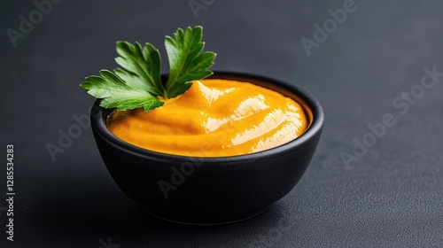 Orange dip in small bowl on dark background