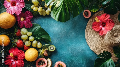 Vibrant Tropical Fruit and Hibiscus Flower Arrangement on Blue Background