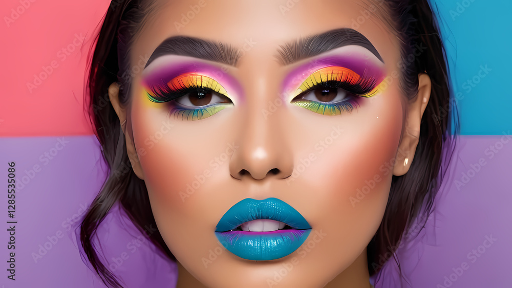 Expressive makeup art showcasing vibrant colors and bold designs on a model's face against a colorful background. Generative AI Expressive makeup art showcasing vibrant colors and bold designs on a model's face against a colorful background. Generative AI