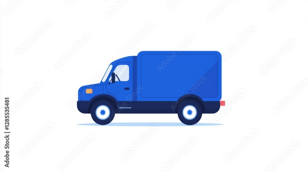 A simple blue delivery truck illustrated in a flat design style, showcasing a side view. A simple blue delivery truck illustrated in a flat design style, showcasing a side view.