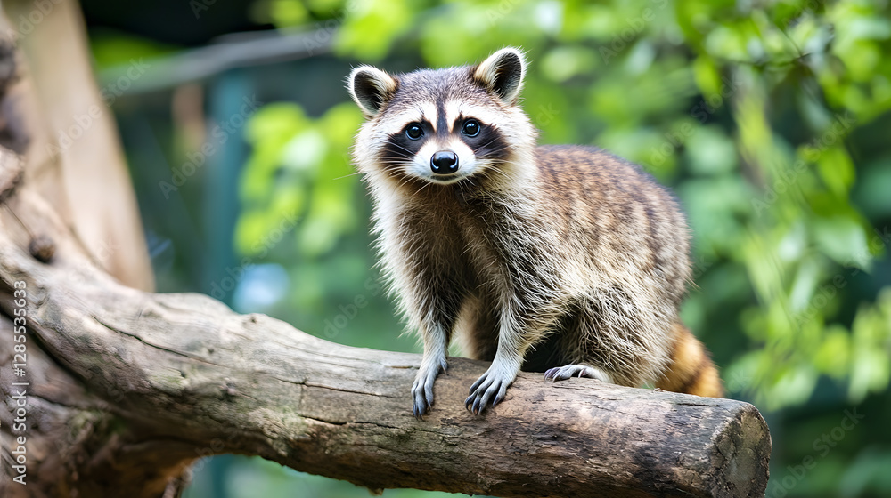 Obraz premium Curious raccoon perched on a tree branch in dense forest habitat : Generative AI