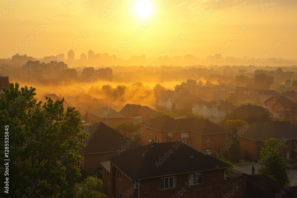 Hazy sunset casts golden light over suburban houses in a bustling cityscape, The haze over the houses in the city during the heat, the time-lapse of the setting sunset sun Hazy sunset casts golden light over suburban houses in a bustling cityscape, The haze over the houses in the city during the heat, the time-lapse of the setting sunset sun