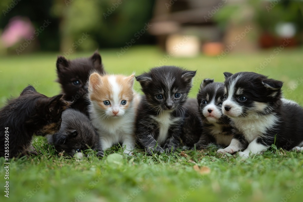 Obraz premium Kittens and puppies play joyfully on the green grass during a sunny afternoon, kittens and puppies are playing on the grass