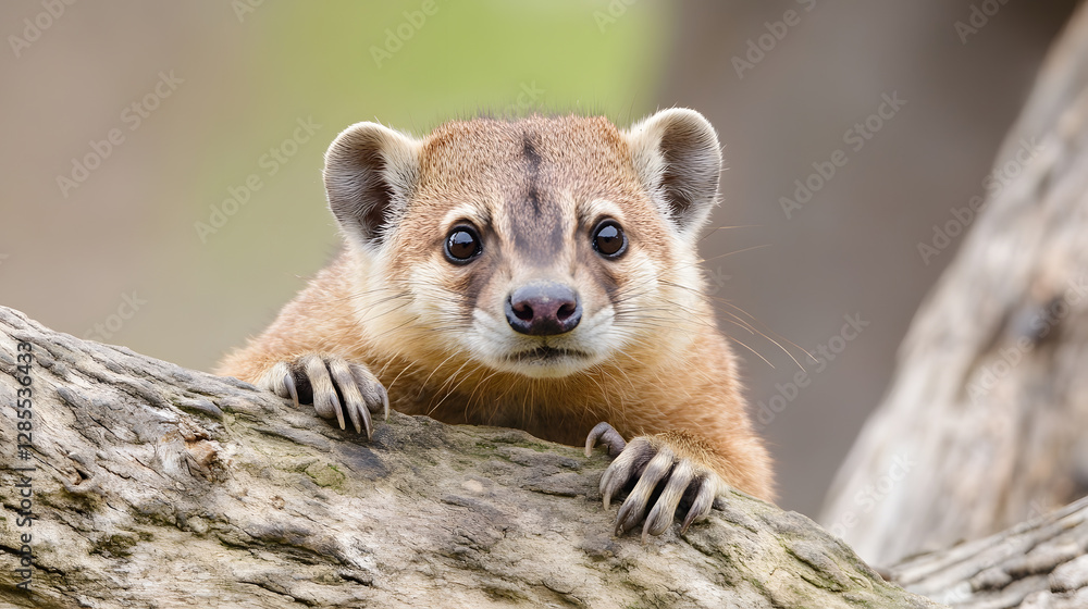 Fototapeta premium Adorable mongoose peering curiously over a branch in a natural setting : Generative AI