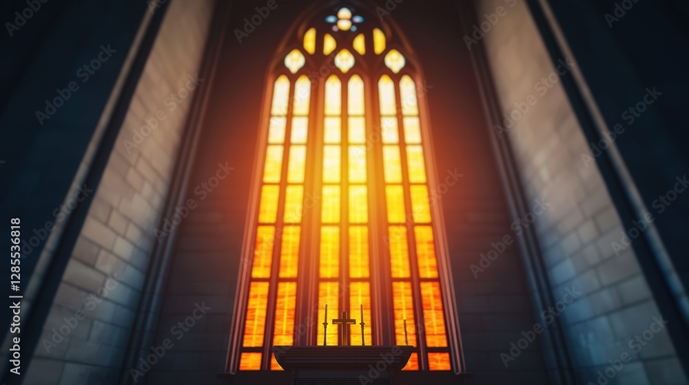 Church interior with stained glass windows Concept, Majestic Gothic Stained Glass Window Illuminating a Church Interior with Warm Light Church interior with stained glass windows Concept, Majestic Gothic Stained Glass Window Illuminating a Church Interior with Warm Light