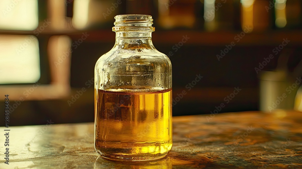 Clear Glass Bottle Filled with Organic Yellow Oil on Wooden Surface Clear Glass Bottle Filled with Organic Yellow Oil on Wooden Surface