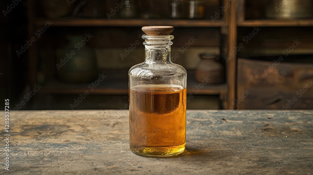 Glass Bottle with Amber Liquid on Rustic Wooden Table Surface Glass Bottle with Amber Liquid on Rustic Wooden Table Surface