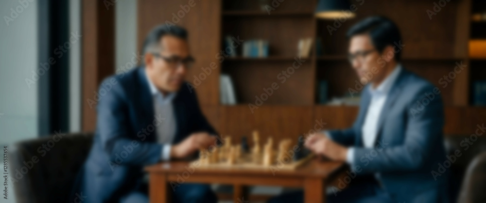 Blurred background spotlighting a businessman’s intense focus on a critical chess position Blurred background spotlighting a businessman’s intense focus on a critical chess position